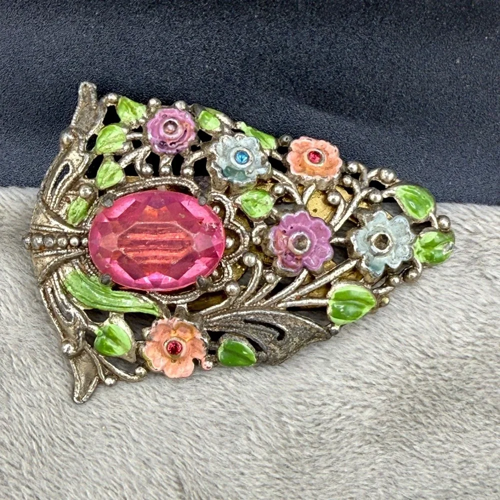 Vintage‎ Rhinestone Dress Clip Sliver Tone Enamel Flower Fruit Salad READ